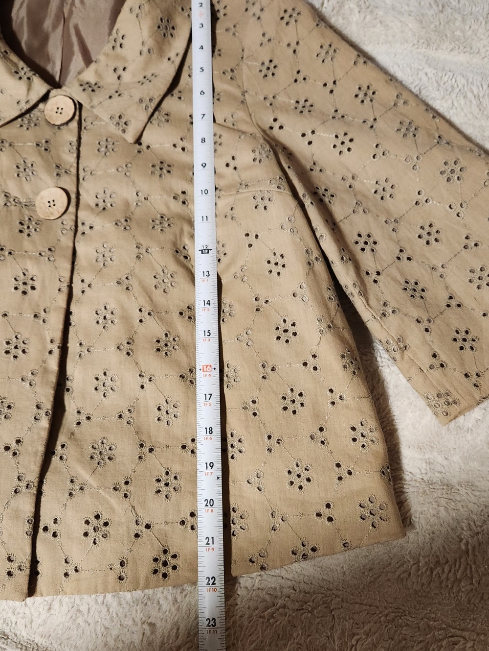 STUDIO V Y2K Eyelet Jacket Sz L Tan Cotton Embroidered Lined Boxy Cottagecore - Picture 6 of 8